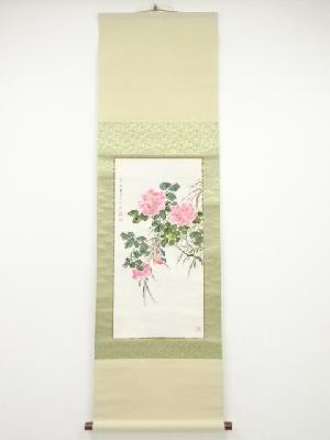 賀孟昭筆　指画花鳥　肉筆紙本掛軸（景嘉箱書）